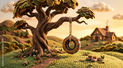 Claymation Countryside Scene with Tree Swing and Cottage