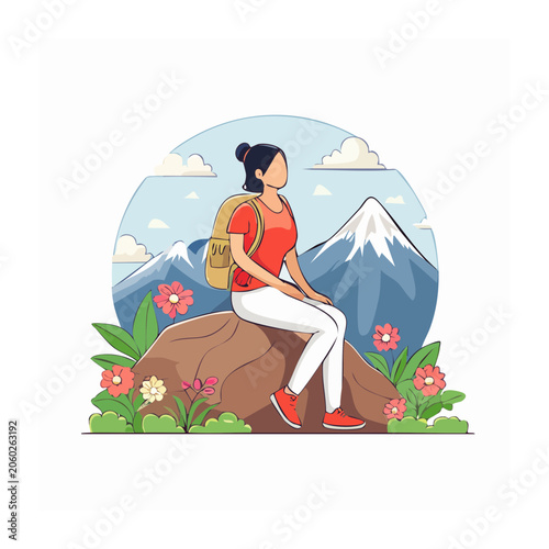 Woman hiker sitting on rock with mountains and flowers