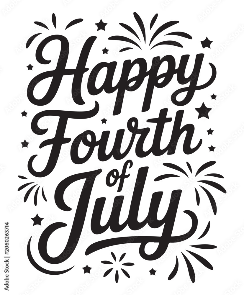 Fototapeta premium Happy Fourth of July Celebration Text with Fireworks On a White background