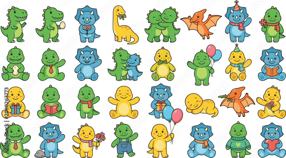 Obraz premium Cute Cartoon Dinosaur Character Collection Set with Adorable Baby Monsters for Kids Education and Nursery Design