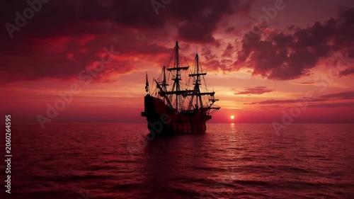 Europe medieval lifestyle. A vivid portrayal of a ship sailing in the ocean at sunset. The ship, with its masts and rigging, is silhouetted against the fiery hues of the setting sun.