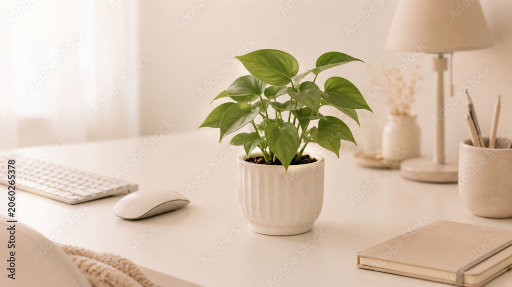 Fototapeta premium Bright and clean home office workspace with desktop computer and modern decor
