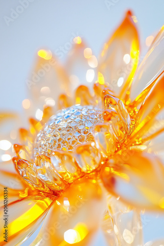 Vertical close-up of a glass sunflower with amber petals. Abstract crystal flower with textured center and soft bokeh