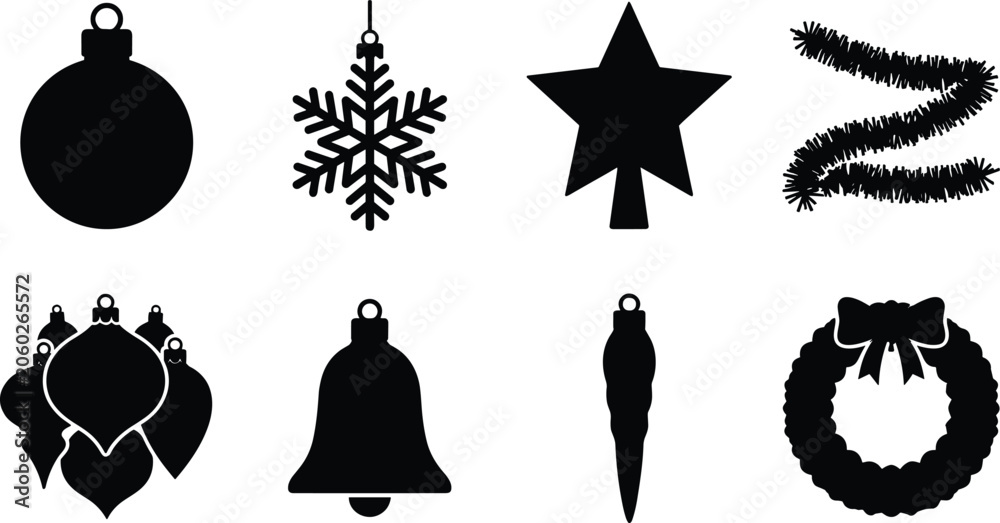 Naklejka premium Christmas decoration silhouette collection with ornaments, wreath, snowflake, star, and festive garland designs