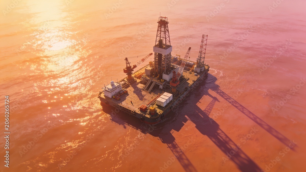 Fototapeta premium Aerial panorama of an offshore drilling platform in the middle of the ocean, illuminated by sunrise.