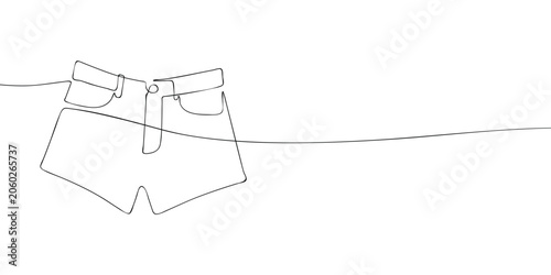 Denim shorts with front pockets, belt loops, button closure and zipper fly in continuous one line style. Minimal outline fashion illustration isolated on a light background.
