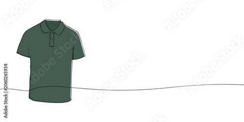 Dark green polo shirt with short sleeves, collar and button placket in continuous one line style. Minimal fashion illustration isolated on a light background.