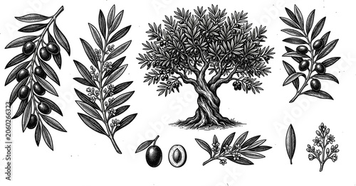 Vintage Olive Tree and Branch Collection, Antique Hand Drawn Botanical Sketch Set with Leaves and Fruit Monochrome Vector Illustration