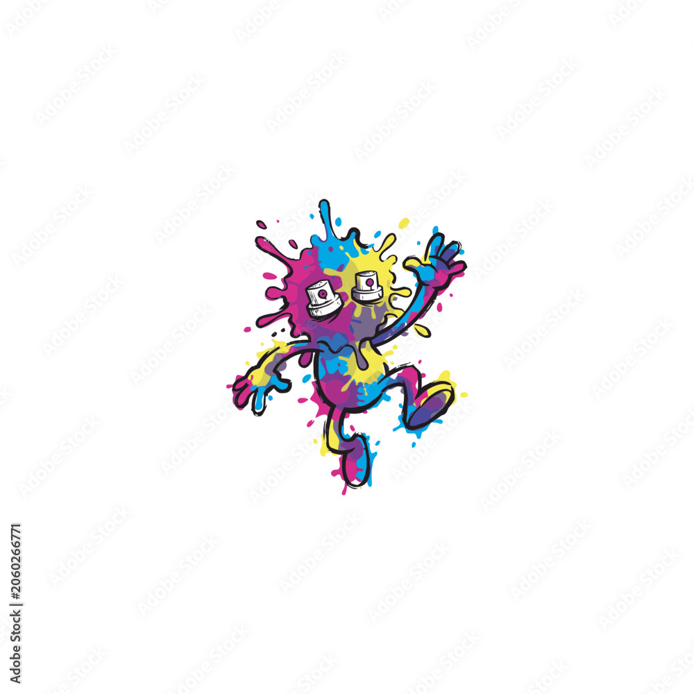 Fototapeta premium Colorful Graffiti Mascot Formed From Paint Splashes With Spray Can Eyes In A Dynamic Running Pose, Featuring Vibrant Blue, Yellow And Magenta Drips And Urban Street Art Vector Illustration