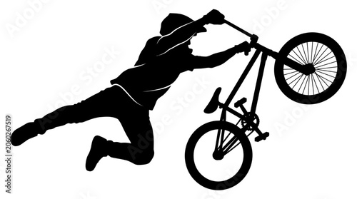 Silhouette Bmx Rider Performing Jump Trick Extreme Sport Isolated Black White