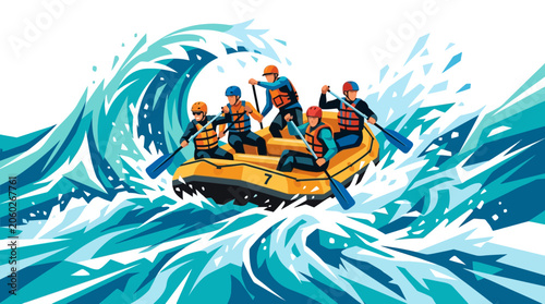 Team Rafting Adventure on Raging River Waves | Exciting Water Sport Illustration