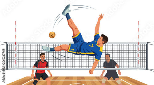 Takraw player aerial kick, sport, athletic competition, team game, action