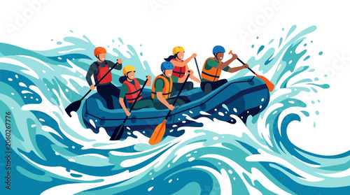 Team Rafting Adventure: People in Kayak Navigating Rushing Whitewater River