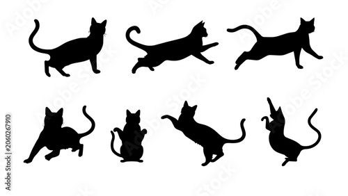 Collection of black cat silhouettes showing different movements like jumping, stalking, and playing. Ideal for design projects, pet themes, and decorative graphics