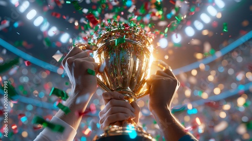 Golden trophy held high in celebration. 64k 8k widescreen, HDR,