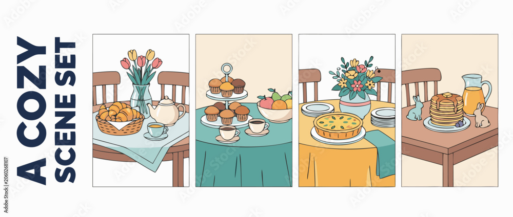 Naklejka premium Collection of four vector illustrations showing a cozy Easter brunch table setup with delicious pastries, fresh spring flowers, and festive decorations, perfect for seasonal lifestyle content.