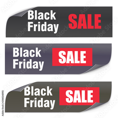 Set of three Black Friday sale banners featuring curled corners and bold red SALE text on dark gradient backgrounds for promotion.
