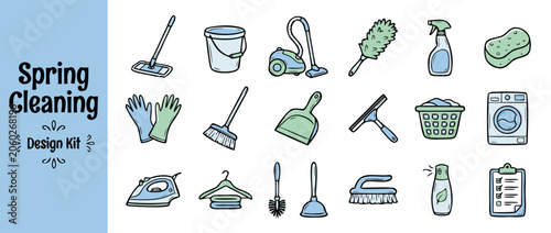 Playful Hand-Drawn Vector Line Art Icon Set of 20 Spring Cleaning Checklist Items, Charming Illustration Style for Home Maintenance, Organization, Seasonal Tidying, and Domestic Chore Planning.