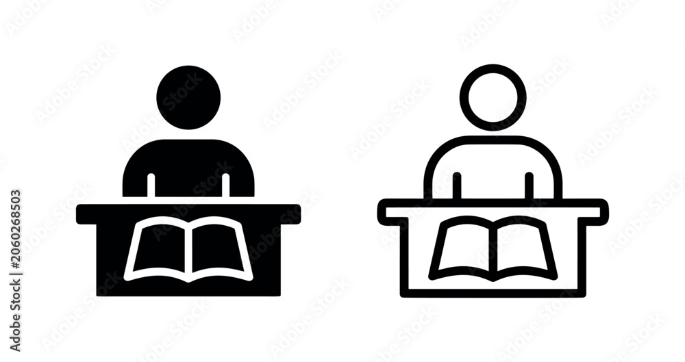 Fototapeta premium Student Studying Icon - Person at Desk with Open Book for Education and Learning