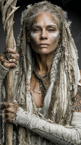 Powerful Silver-Haired Woman in Rustic Fantasy Warrior Attire