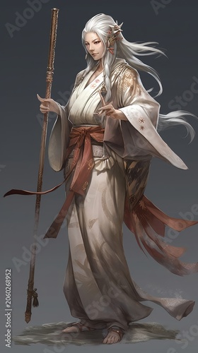 Silver-Haired Fantasy Warrior in Flowing Robes with Sword