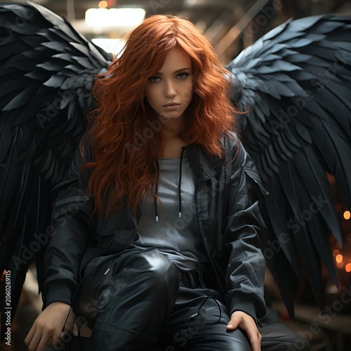 Confident Red-Haired Woman with Black Angel Wings in Gothic Style