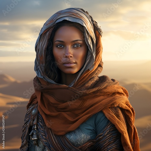 Elegant Woman in Draped Nomadic Fashion in Desert Landscape