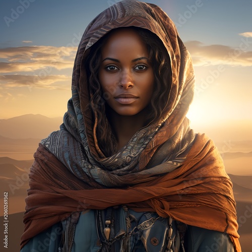 Elegant Woman in Draped Nomadic Fashion in Desert Landscape