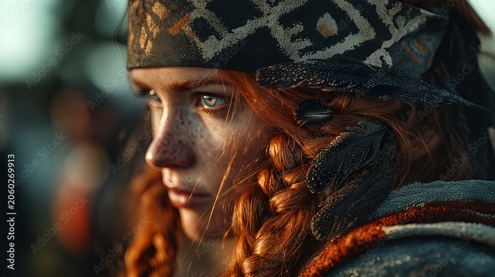 Obraz premium Intense Red Haired Warrior Woman in Feathered Hood