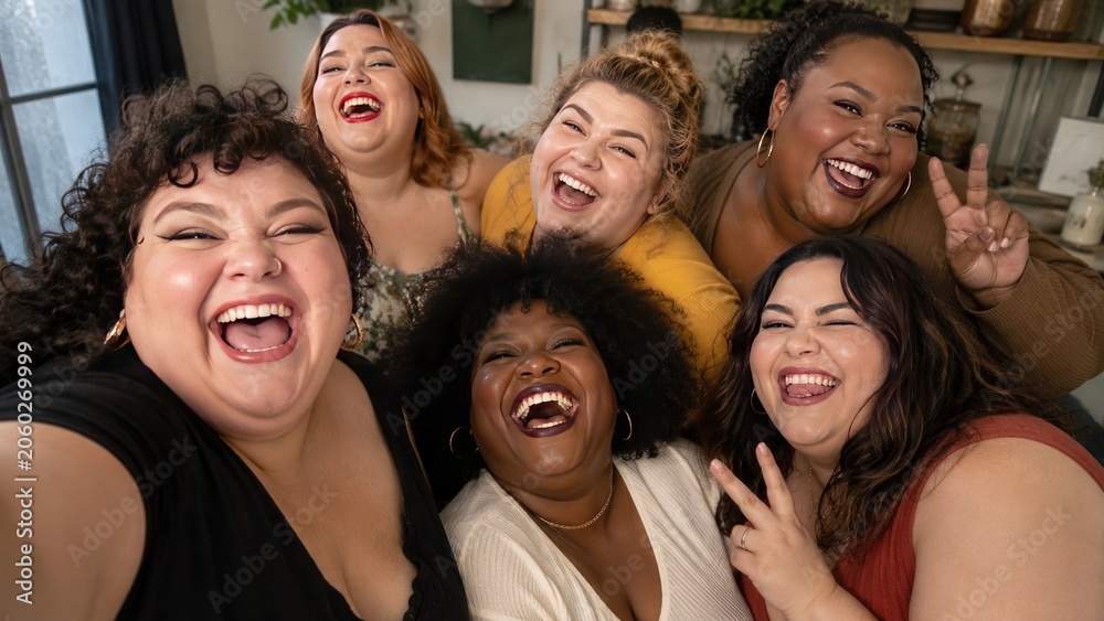 Fototapeta premium A diverse group of plus size women laugh together while taking a selfie indoors.