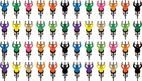 Top view cyclist vector illustration set featuring overhead perspective of cartoon bicycle riders wearing colorful shirts and helmets isolated on white background