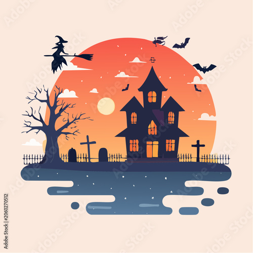 Halloween haunted house with witch and bats at sunset