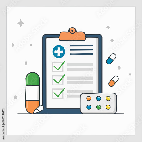 Medical Checklist and Pills Illustration