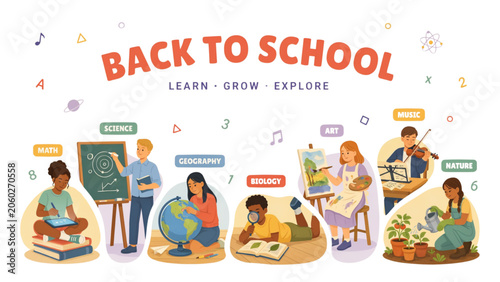 Colorful back to school illustration with school supplies and happy children Vector