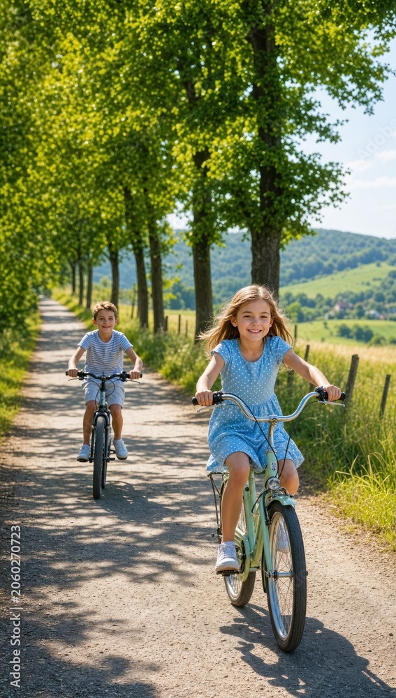 Obraz premium A girl and boy ride bicycles on a sunny rural road.