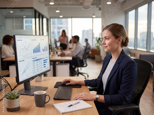Data analyst reviewing business charts on large monitor