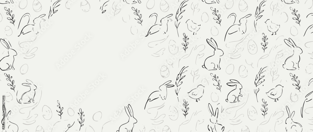 Obraz premium Minimalist Line Art Easter Icon Pattern Banner with Cute Bunny, Eggs, and Spring Symbols. Elegant Repeating Background for Holiday Greetings, Seasonal Sales, and Festive Social Media Posts.