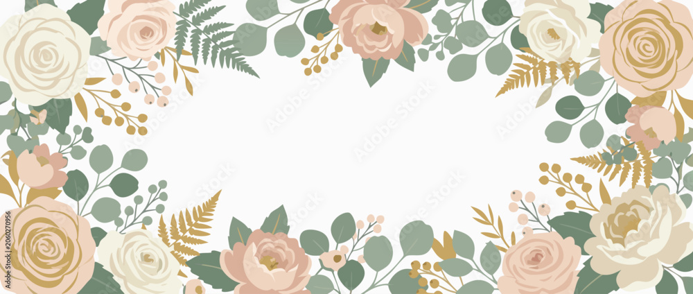 Fototapeta premium Elegant floral border vector banner for sophisticated wedding invitations and romantic event stationery, featuring delicate botanical blossoms with minimal copy space for personalized typography.