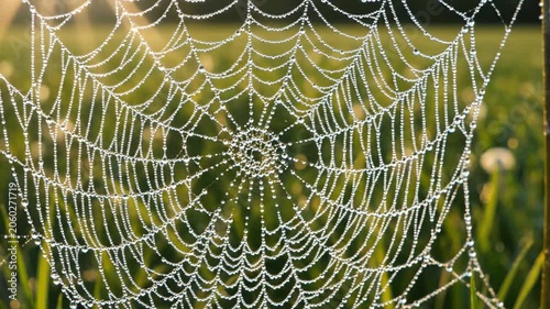 Dewdrops Adorn Intricate Spiderweb in Early Morning Sunlight
