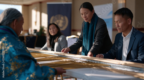 United Nations cultural liaison facilitating handcraft exchange between mountain weaving communities from two historically opposed nations, artisans comparing loom structures across folding table, i