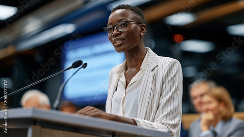 Young Kenyan economist representing trade bloc in multilateral forum dominated by older European delegates, speaking with calm authority at podium, bilateral proposal on display screen behind her, g