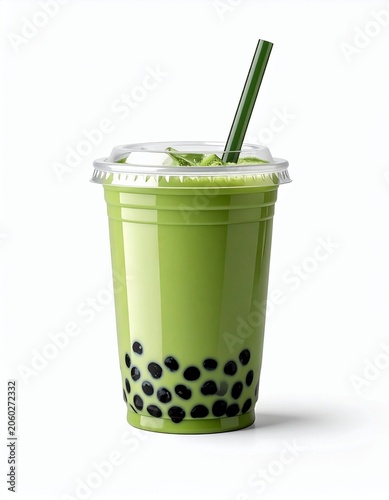 Iced matcha green tea boba drink in a plastic cup.