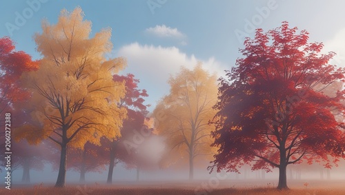 Enchanting autumn forest shrouded in mystical fog, with golden foliage and soft mist creating a magical, atmospheric woodland scene