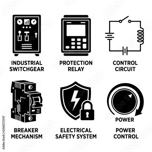 Electrical engineering industrial switchgear and power safety icons