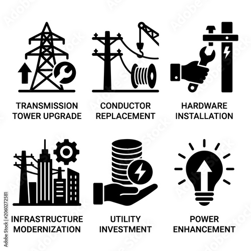 Power infrastructure upgrade and utility grid development icons with investment