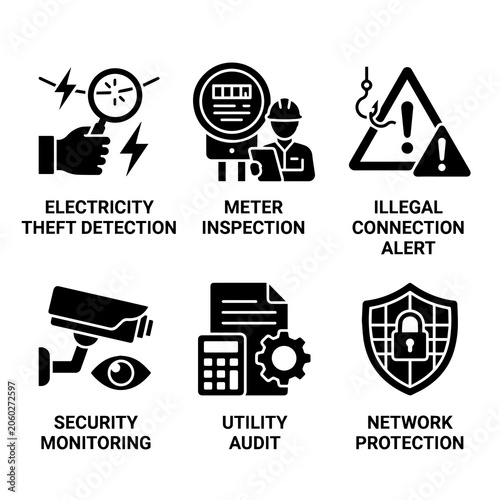 Power utility inspection and network security icon set for electrical systems