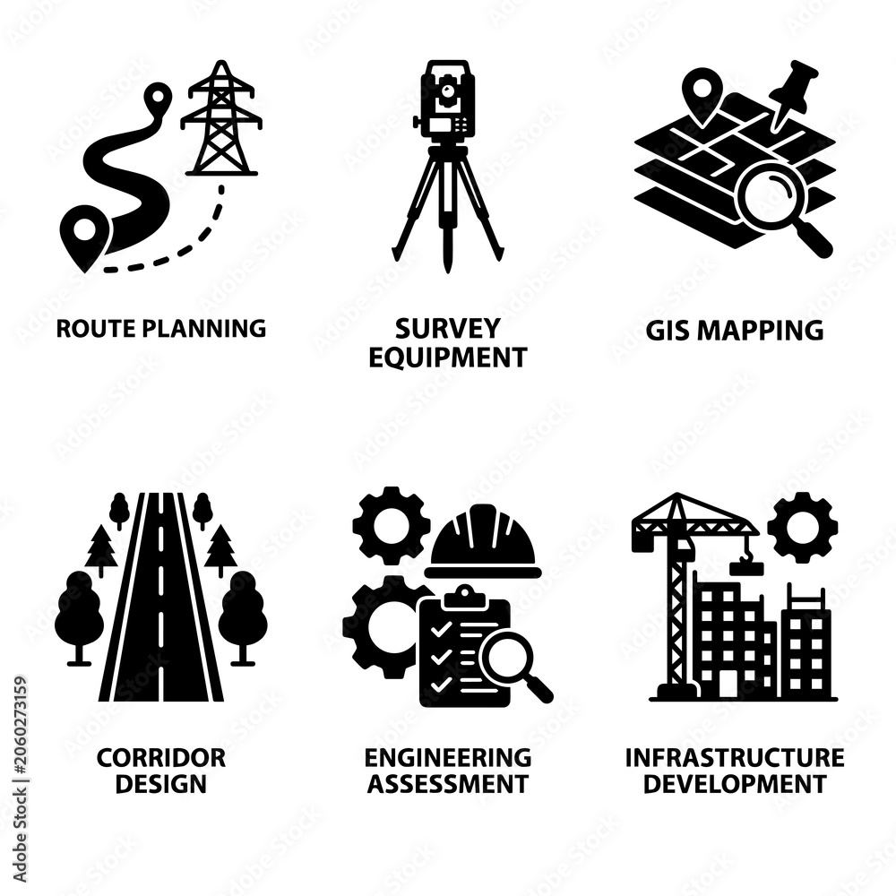 Naklejka premium Infrastructure engineering and gis mapping planning icon set for construction