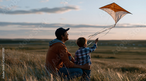 Lone father kneeling in tall meadow grass beside a young son who holds a handmade kite aloft on a breezy Father's Day afternoon, the rural horizon stretching wide behind them as sunlight cuts low ac