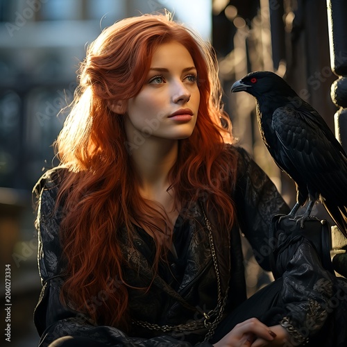 Red-Haired Woman in Black Leather with Raven in Gothic Style