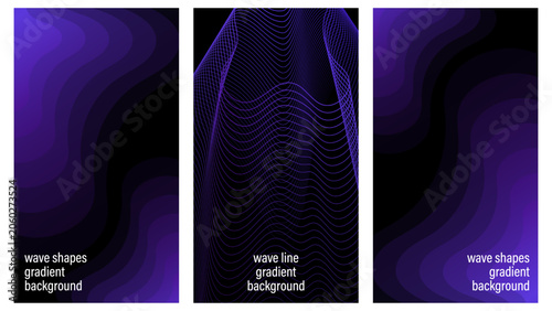 A collection of three vertical abstract backgrounds featuring smooth purple gradient wave shapes and intricate line art designs for modern digital projects.